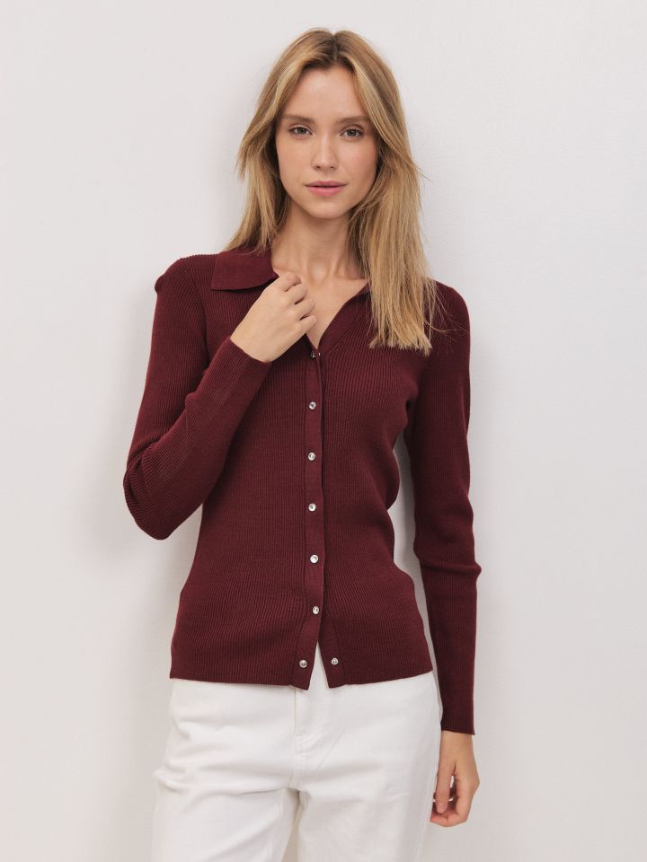 קרדיגן סריג לחצניות בצבע בורדו