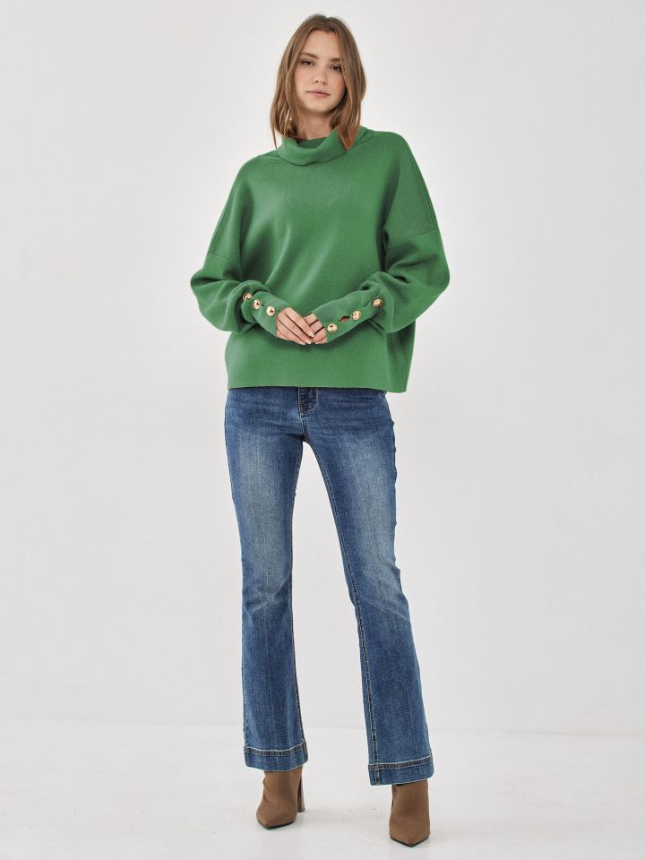 סריג גולף כפתורים בשרוול בצבע ירוק