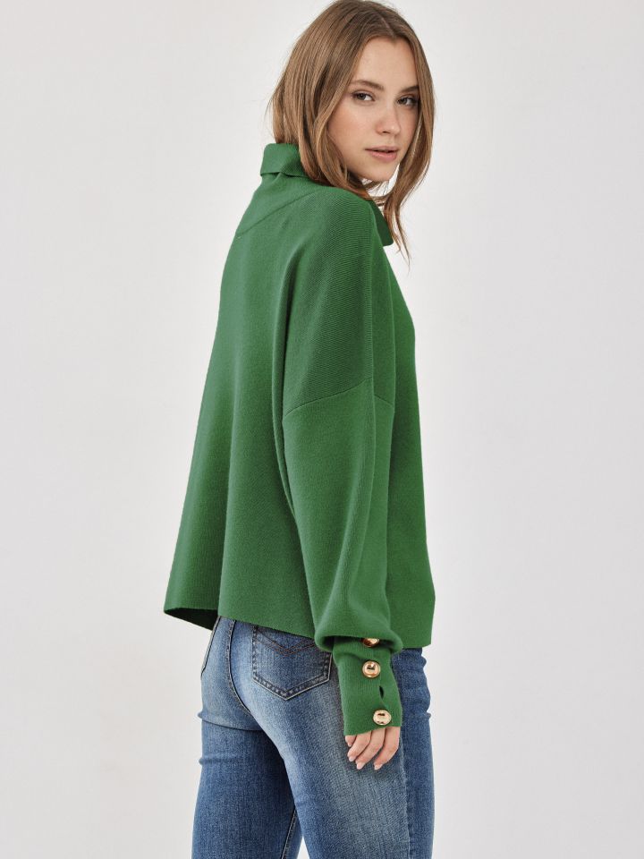 סריג גולף כפתורים בשרוול בצבע ירוק