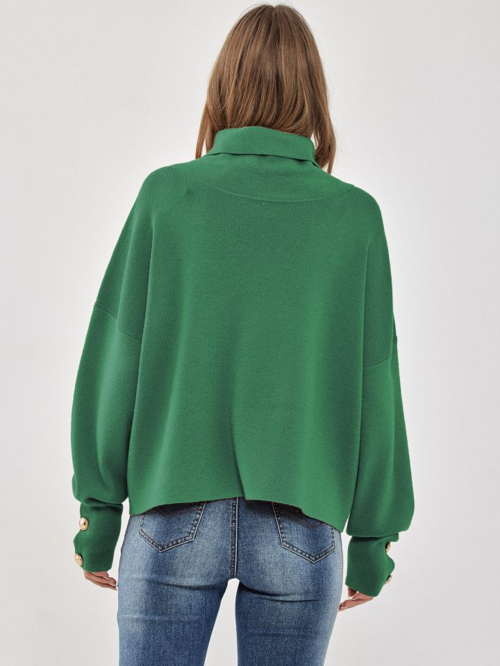 סריג גולף כפתורים בשרוול בצבע ירוק