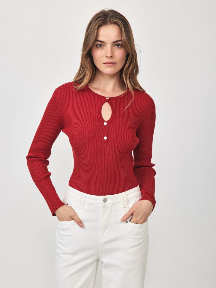 סריג ריב כפתורים PROMO בצבע אדום מלבורו