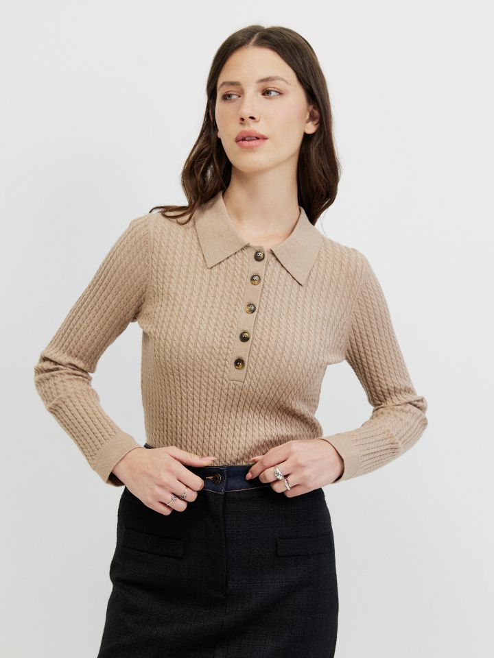 סריג צמות וצווארון PROMO בצבע בייז מלנג’