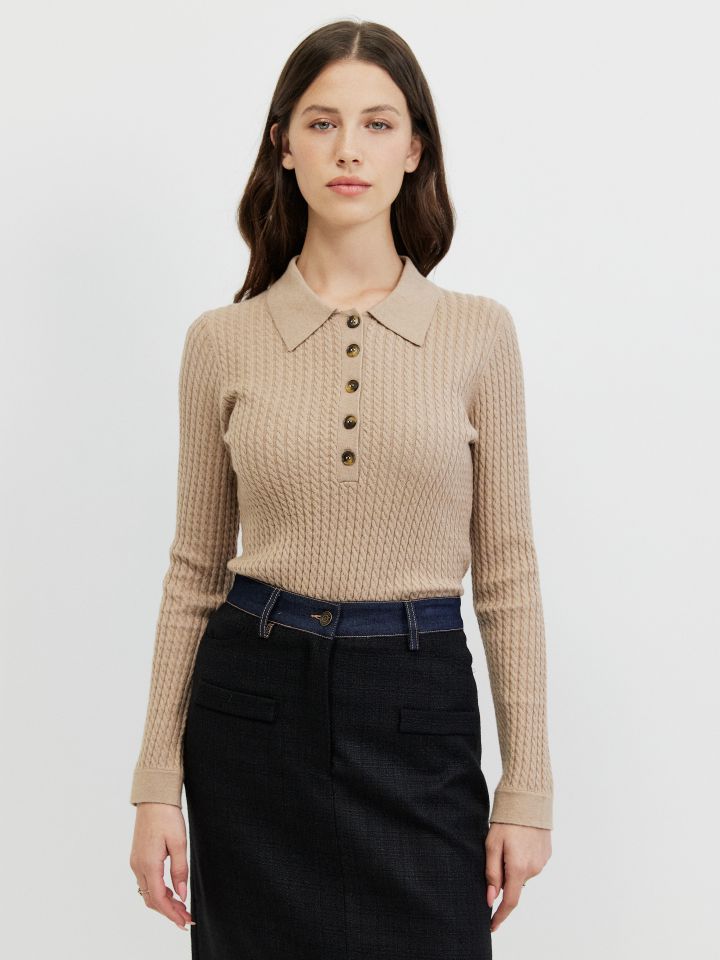 סריג צמות וצווארון PROMO בצבע בייז מלנג’