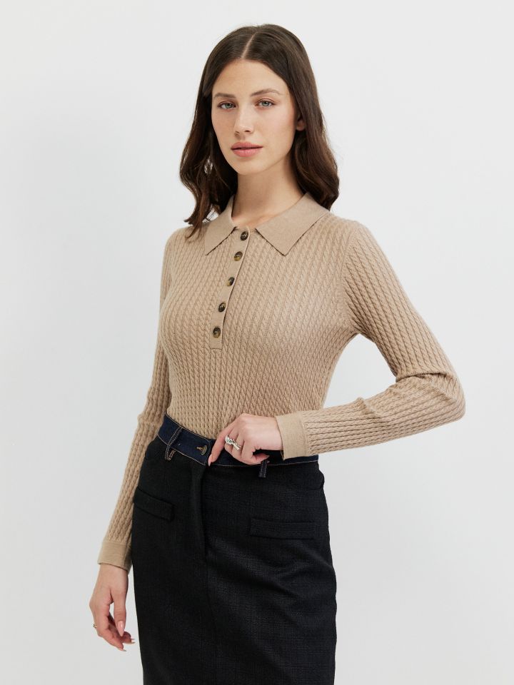 סריג צמות וצווארון PROMO בצבע בייז מלנג’