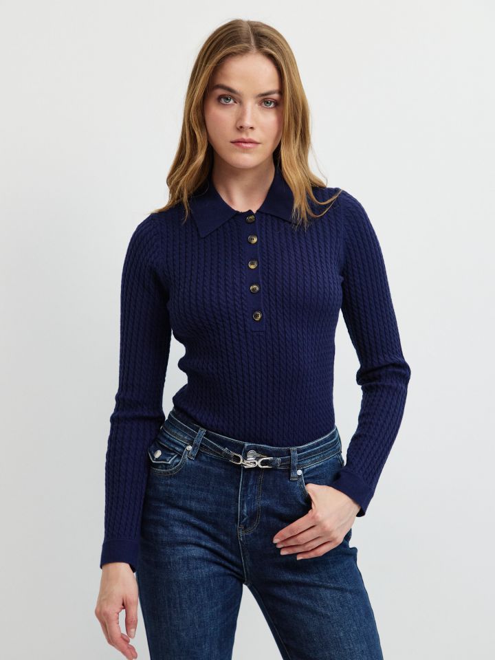 סריג צמות וצווארון PROMO בצבע נייבי