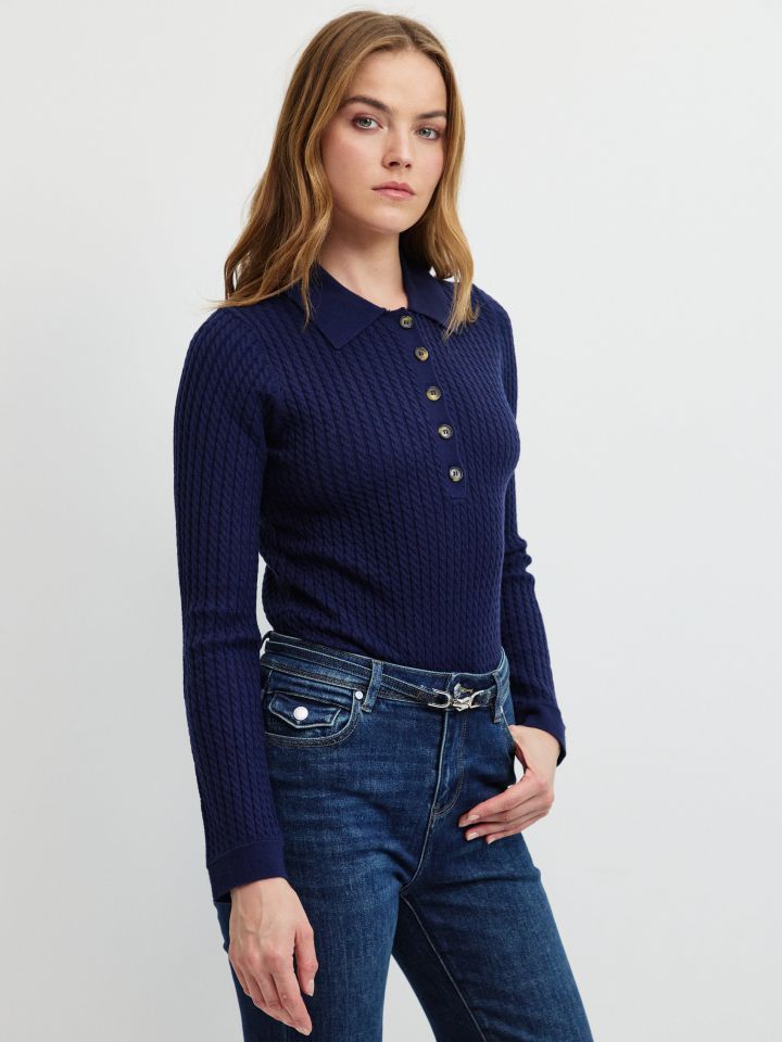 סריג צמות וצווארון PROMO בצבע נייבי