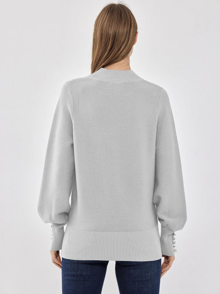 סריג חצי גולף כפתורים בשרוול בצבע אפור כסף