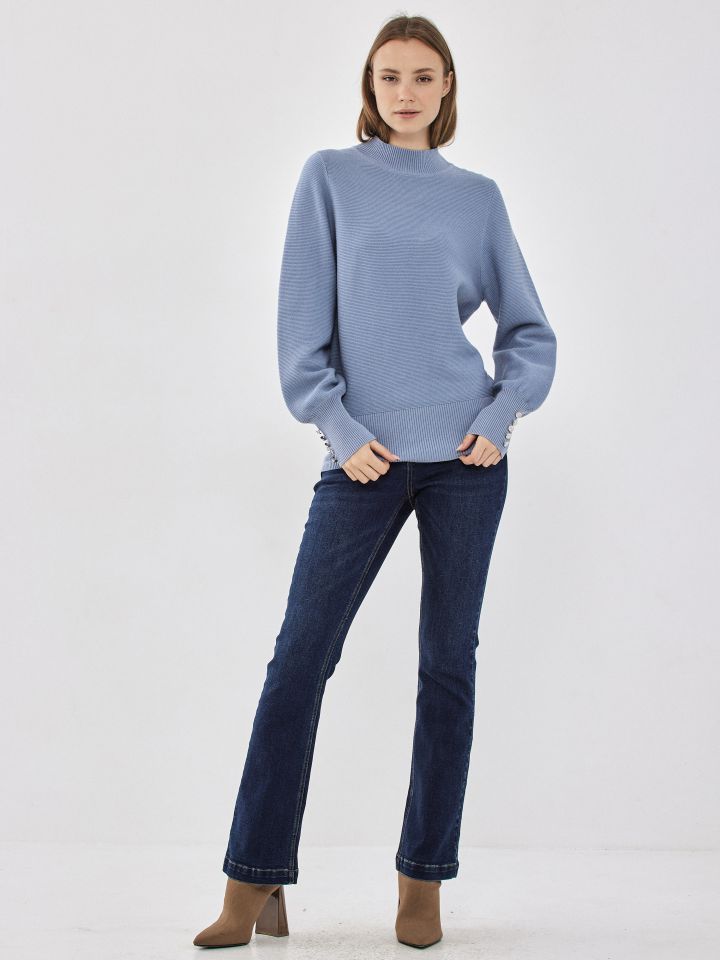 סריג חצי גולף כפתורים בשרוול בצבע תכלת