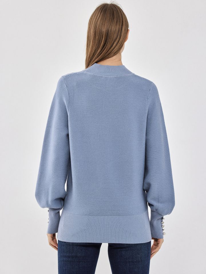 סריג חצי גולף כפתורים בשרוול בצבע תכלת