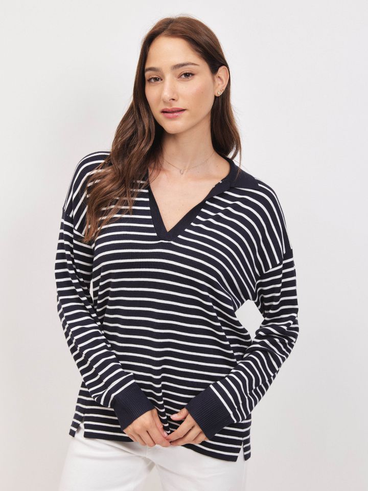 סריג V פסים צוארון PROMO בצבע נייבי