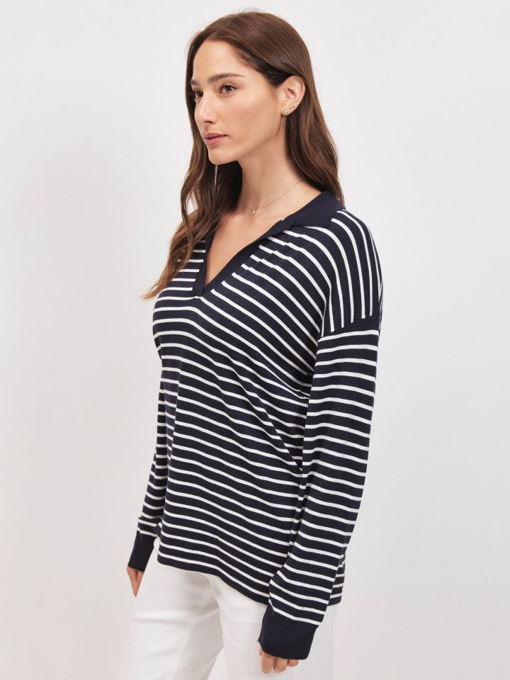 סריג V פסים צוארון PROMO בצבע נייבי