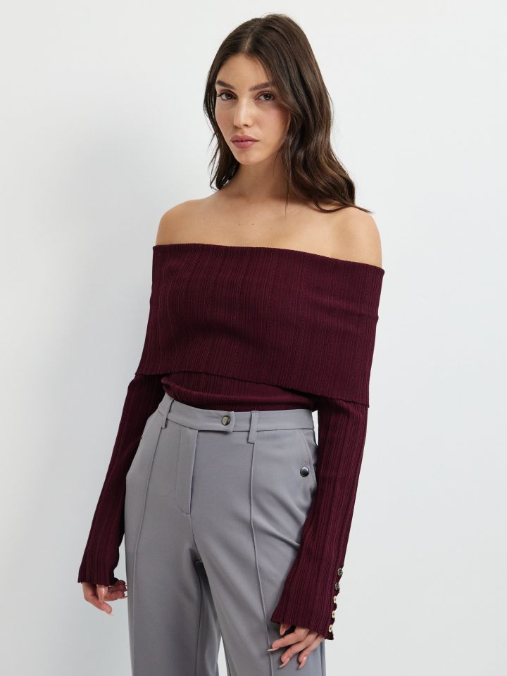 סריג וולן כפתורים בשרוול בצבע בורדו