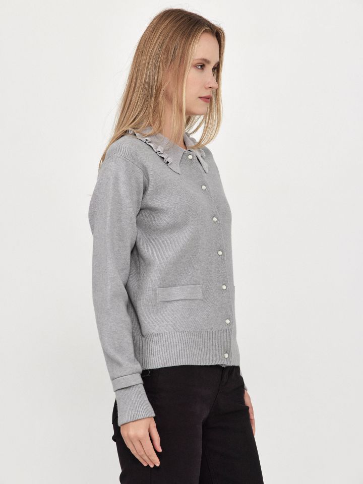 קרדיגן סריג צוארון מלמלה שניל בצבע אפור כסף