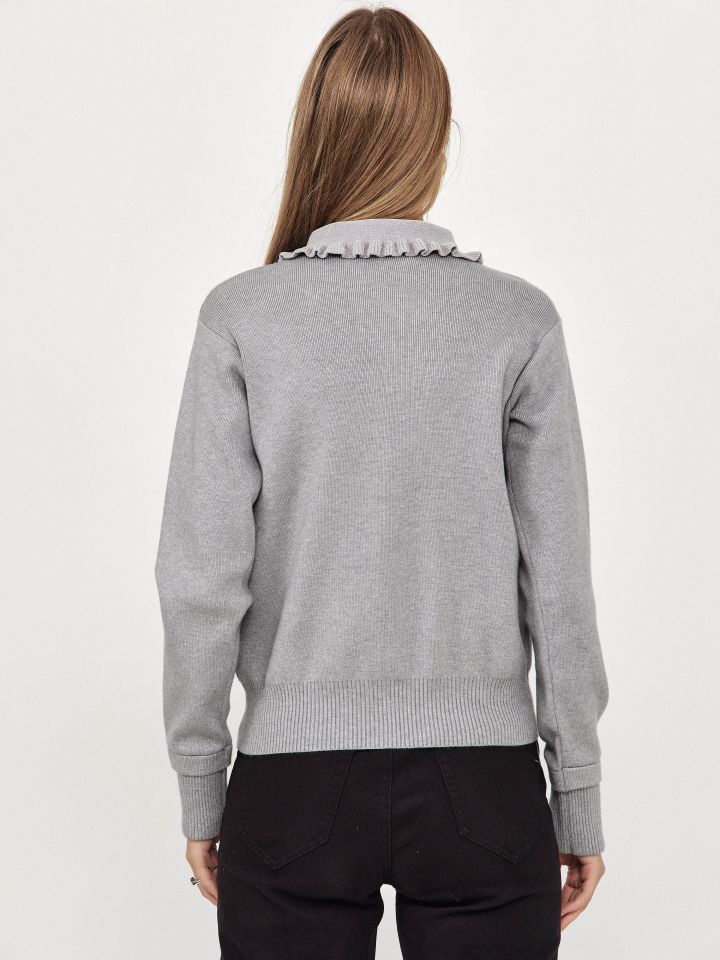 קרדיגן סריג צוארון מלמלה שניל בצבע אפור כסף