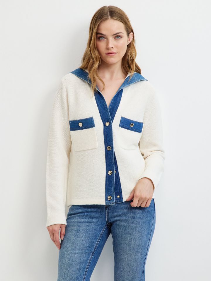 עליונית סריג שילוב ג’ינס בצבע אופוויט