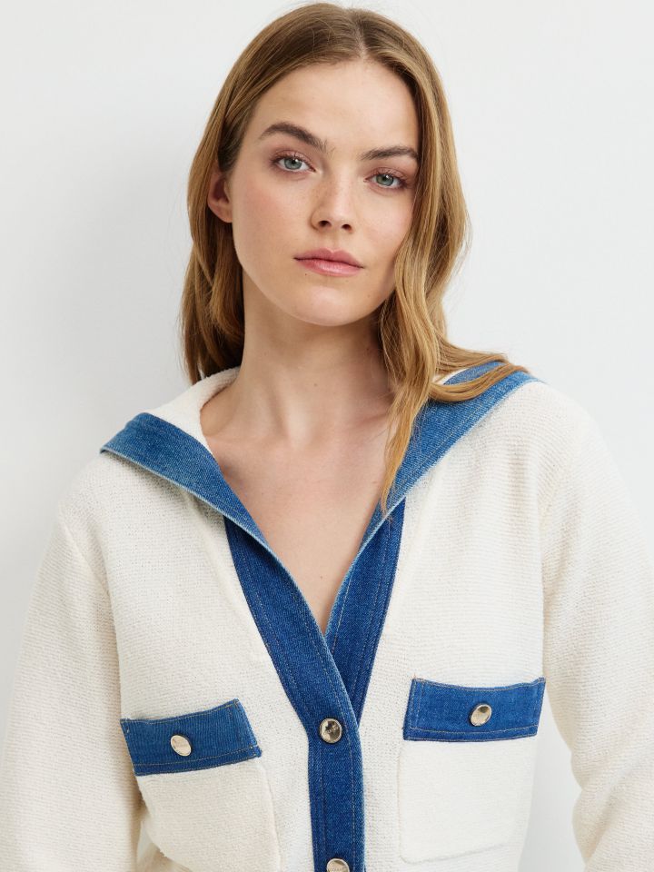 עליונית סריג שילוב ג’ינס בצבע אופוויט