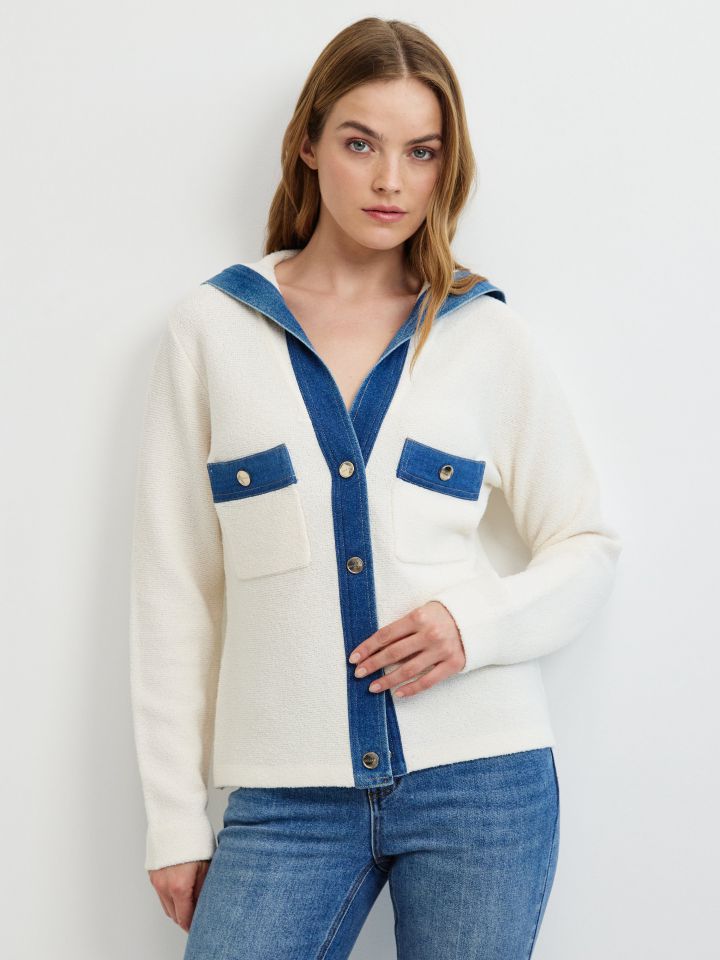 עליונית סריג שילוב ג’ינס בצבע אופוויט