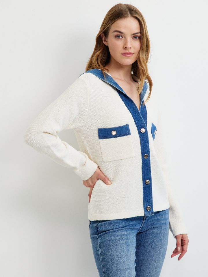 עליונית סריג שילוב ג’ינס בצבע אופוויט