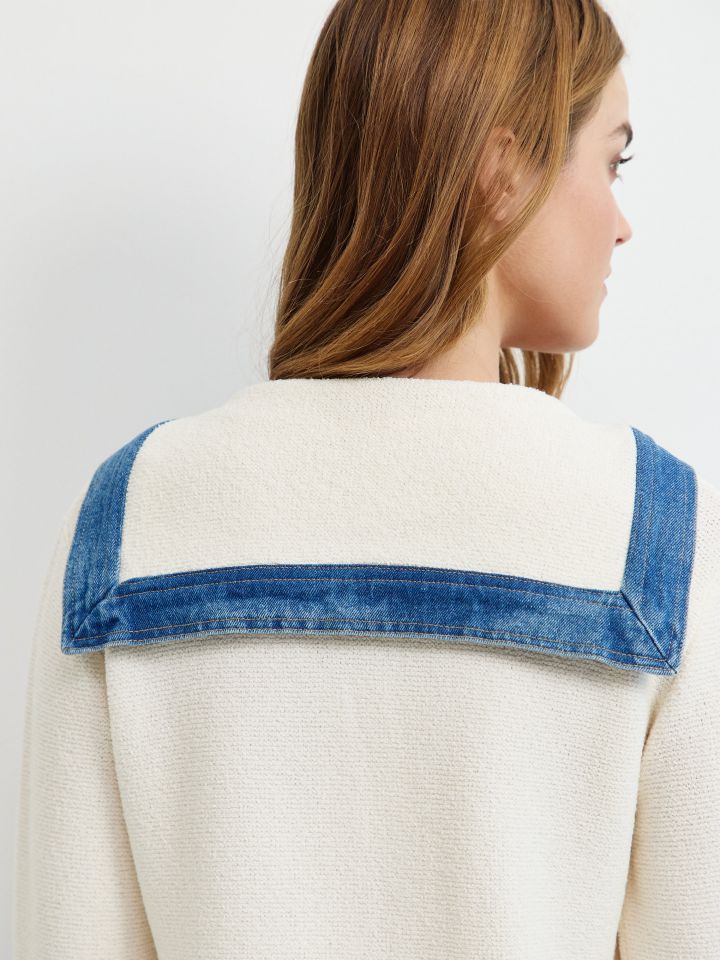 עליונית סריג שילוב ג’ינס בצבע אופוויט