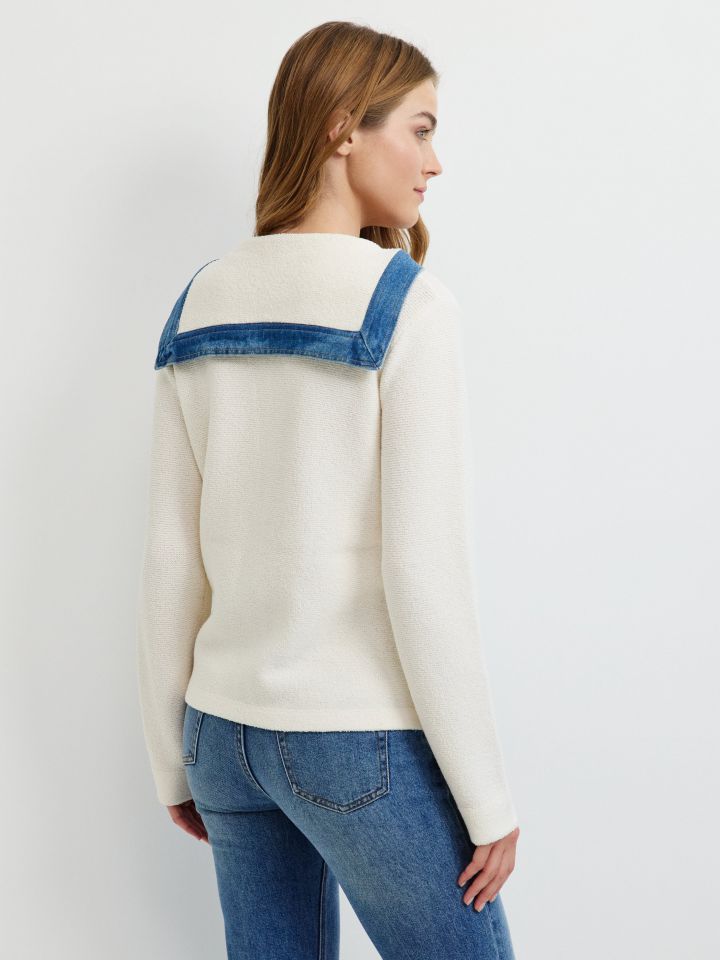 עליונית סריג שילוב ג’ינס בצבע אופוויט