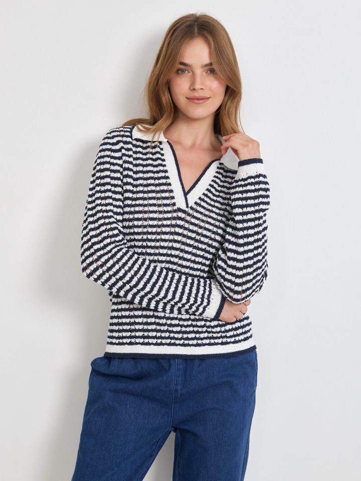 סריג צוארון פסים בצבע לבן /כחול