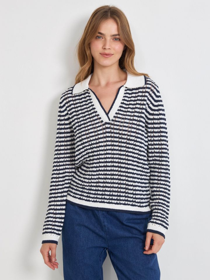 סריג צוארון פסים בצבע לבן /כחול