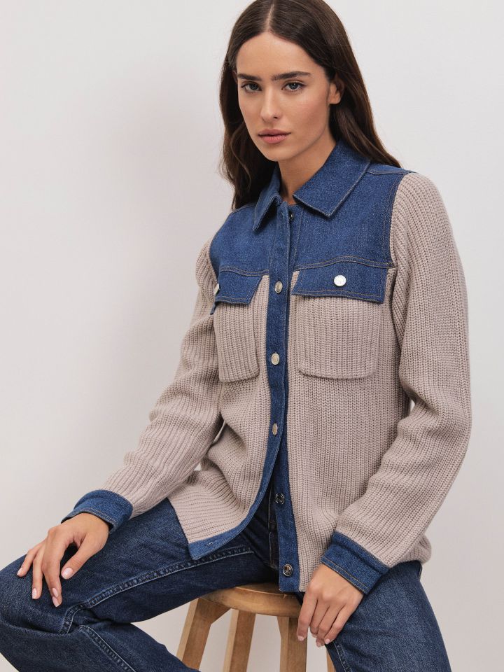 עליונית סריג שילוב ג’ינס בצבע ג’ינס