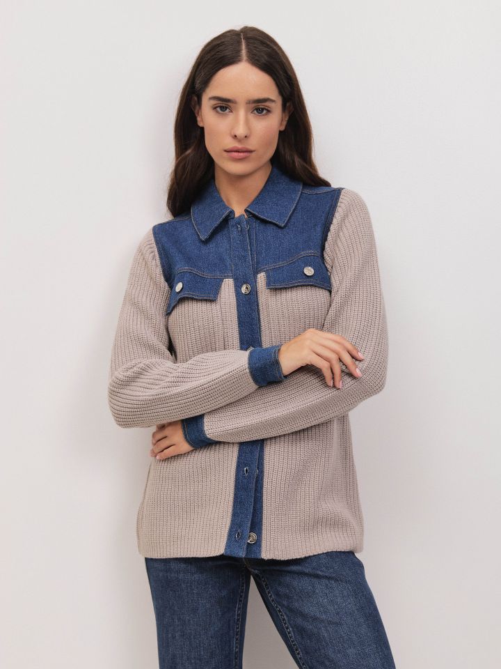 עליונית סריג שילוב ג’ינס בצבע ג’ינס