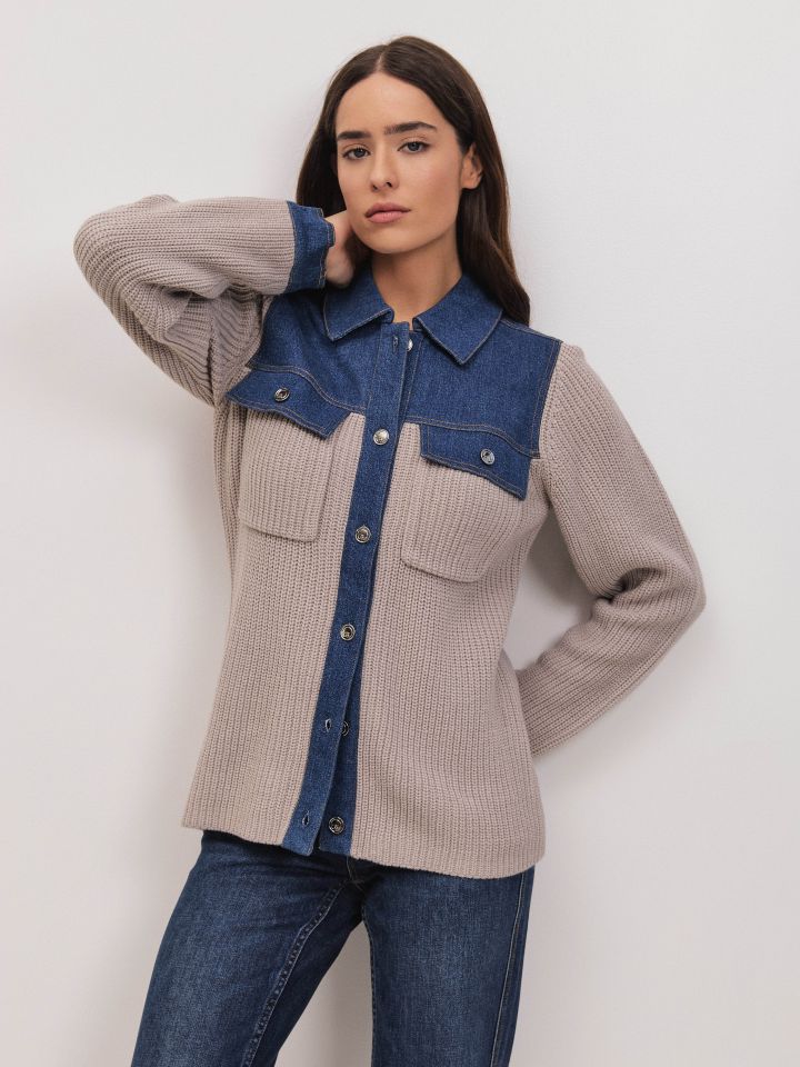 עליונית סריג שילוב ג’ינס בצבע ג’ינס