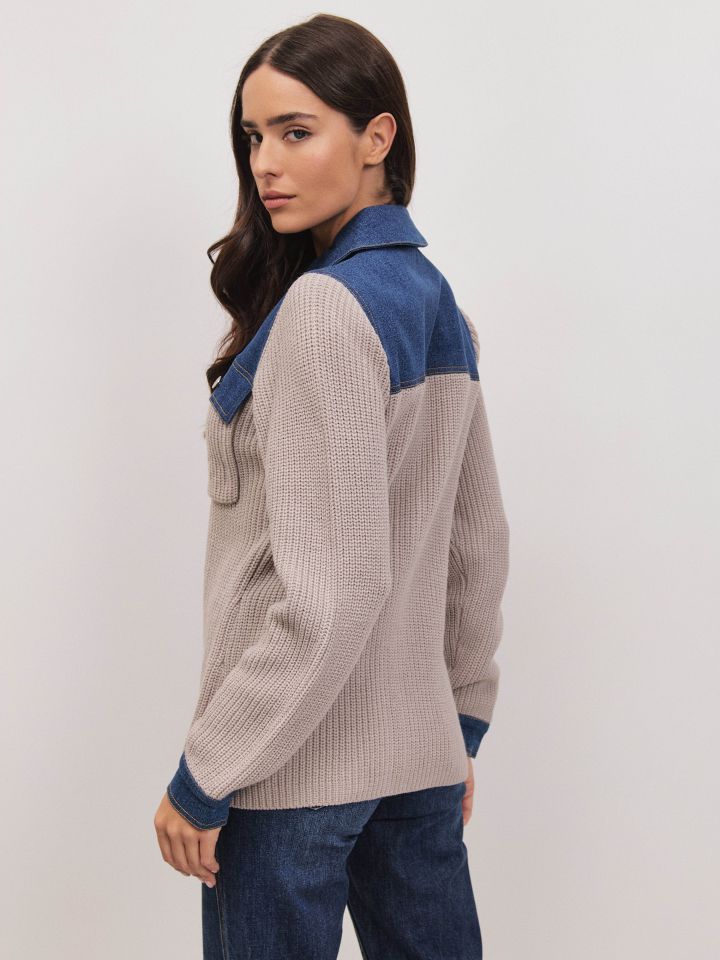 עליונית סריג שילוב ג’ינס בצבע ג’ינס