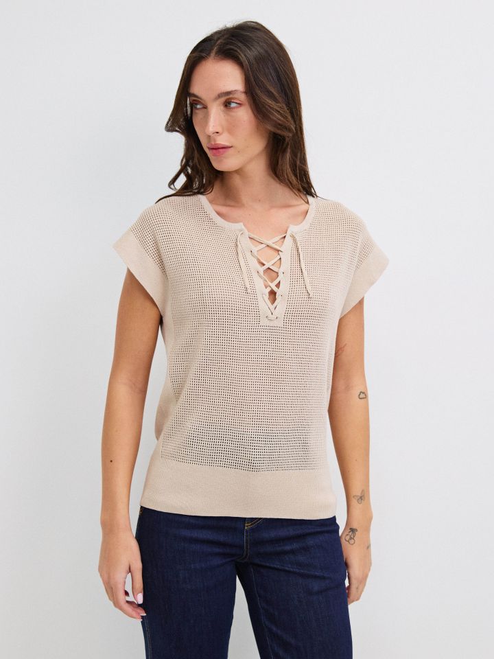 סריג רשת פתח שרוך בצבע בייז’