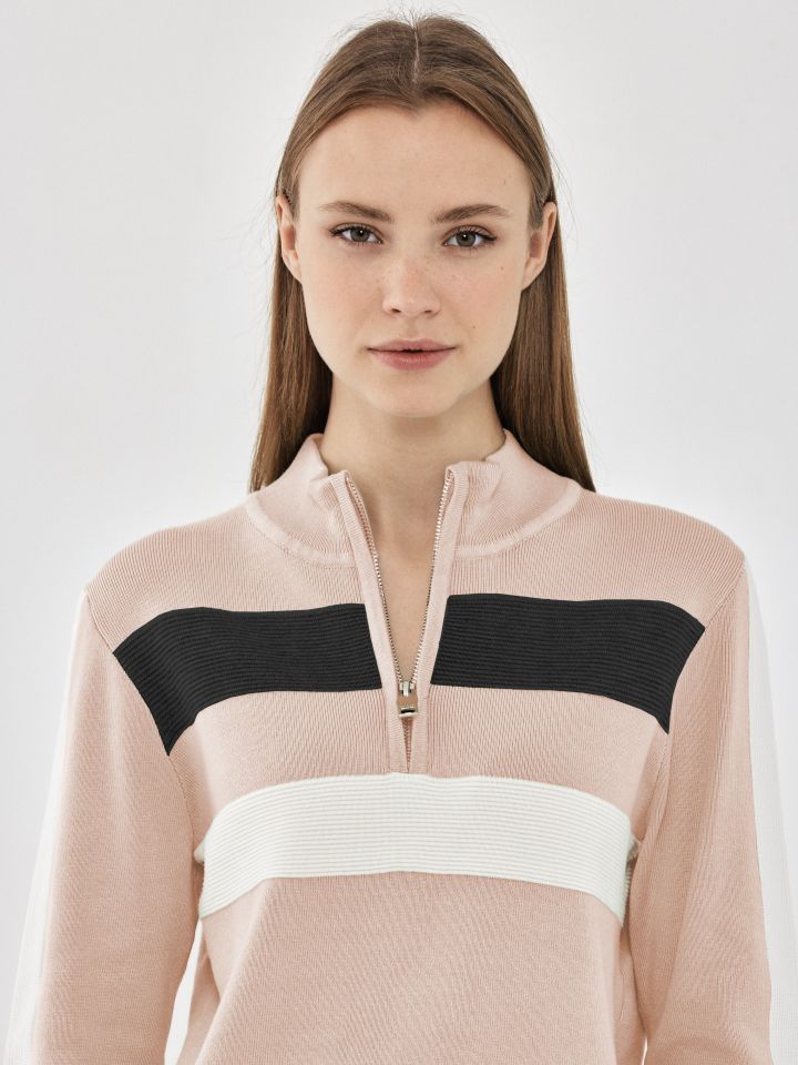 סריג פסים רוכסן בצבע בייז קפוצינו