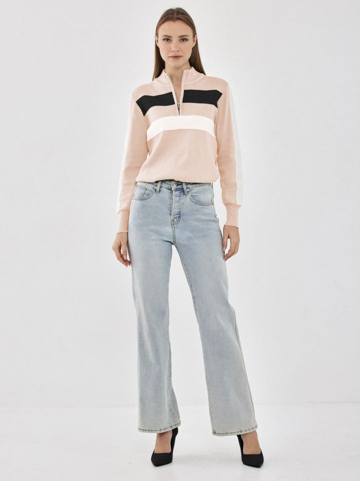 סריג פסים רוכסן בצבע בייז קפוצינו