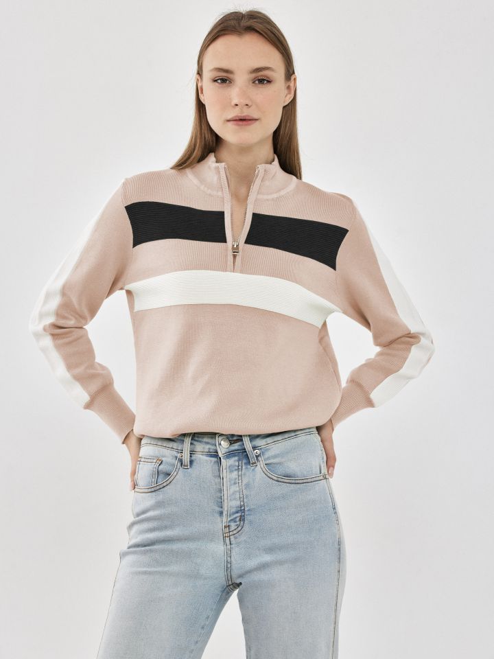 סריג פסים רוכסן בצבע בייז קפוצינו