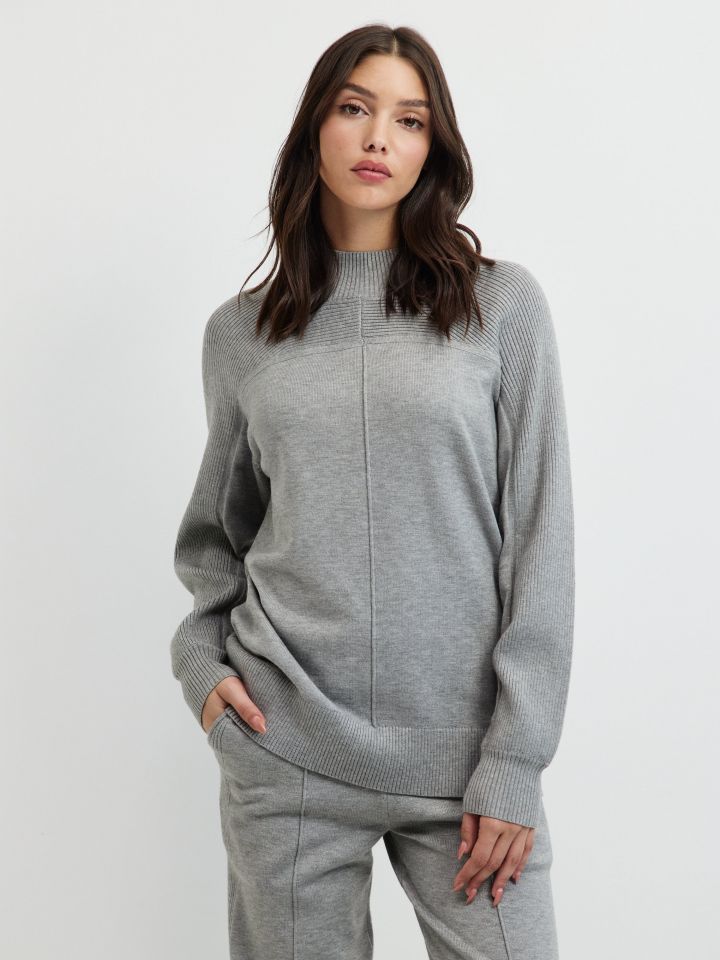 חליפת סריג שילוב ריבים בצבע אפור מלאנז בינוני