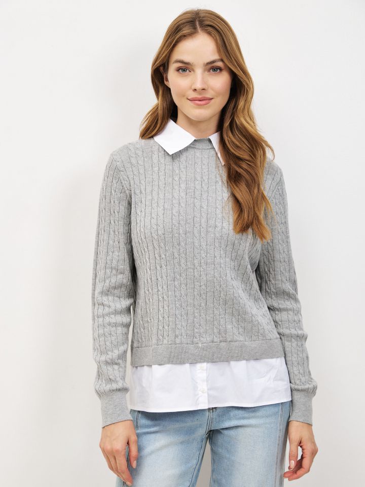 סריג צמות שילוב חולצה בצבע אפור כסף