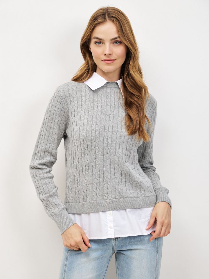 סריג צמות שילוב חולצה בצבע אפור כסף