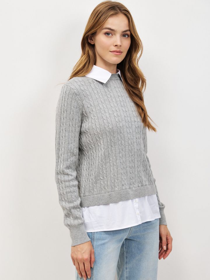 סריג צמות שילוב חולצה בצבע אפור כסף