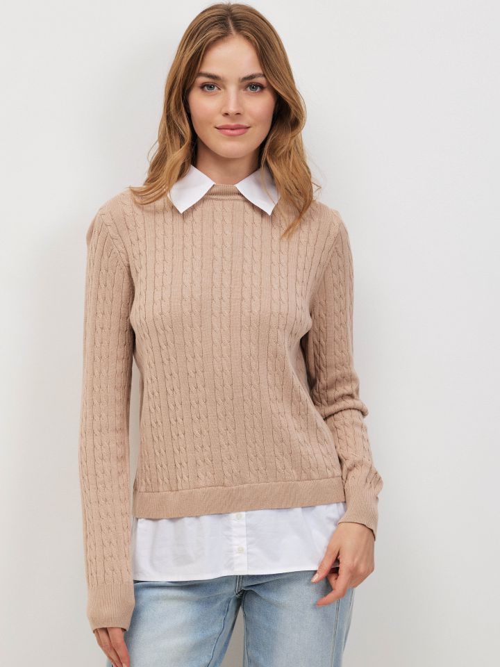 סריג צמות שילוב חולצה בצבע בייז מלנג’