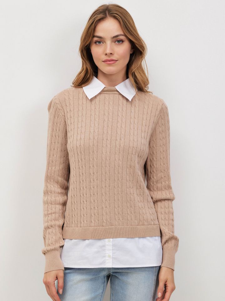 סריג צמות שילוב חולצה בצבע בייז מלנג’