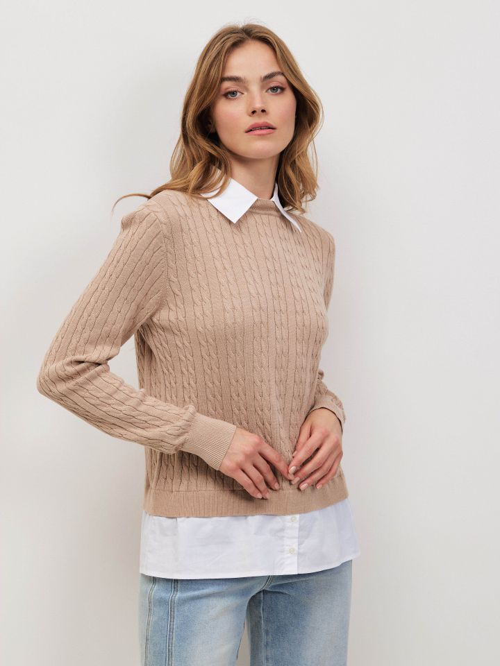 סריג צמות שילוב חולצה בצבע בייז מלנג’