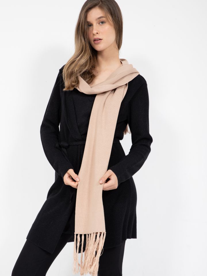 צעיף סריג פרנזים בצבע שנהב