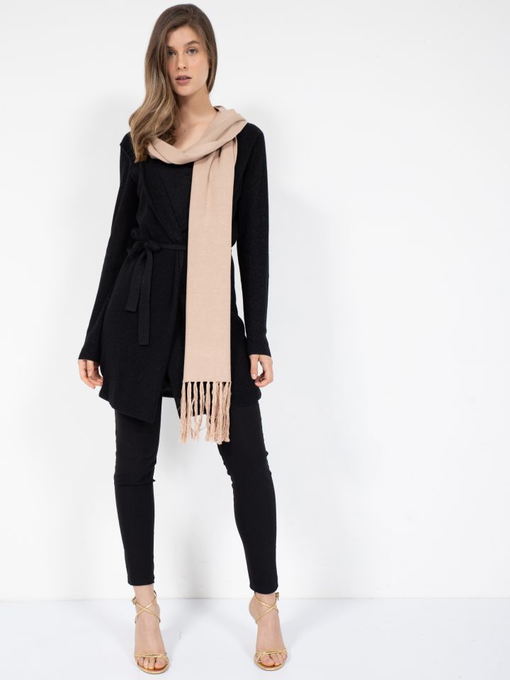 צעיף סריג פרנזים בצבע שנהב