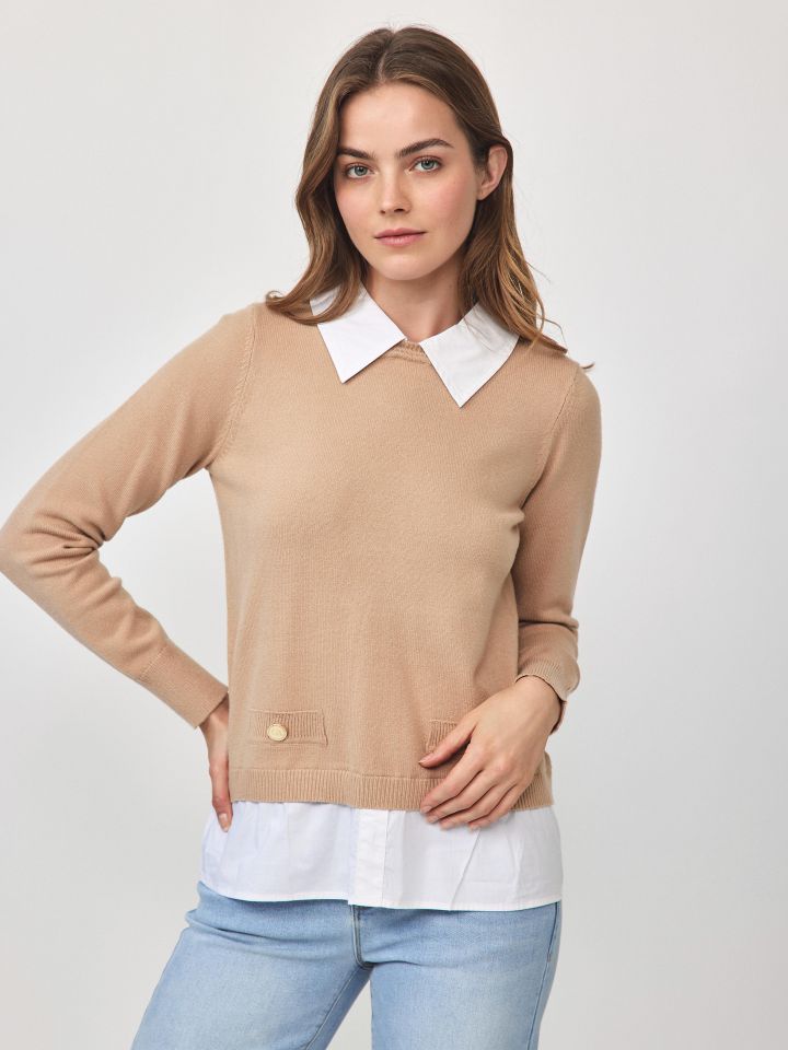 סריג שילוב חולצה בצבע בייז קפוצינו