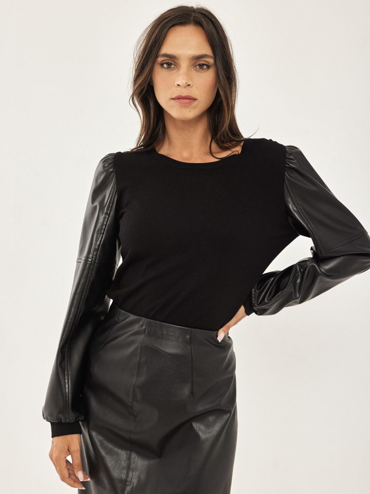 סריג שילוב דמוי עור בצבע שחור