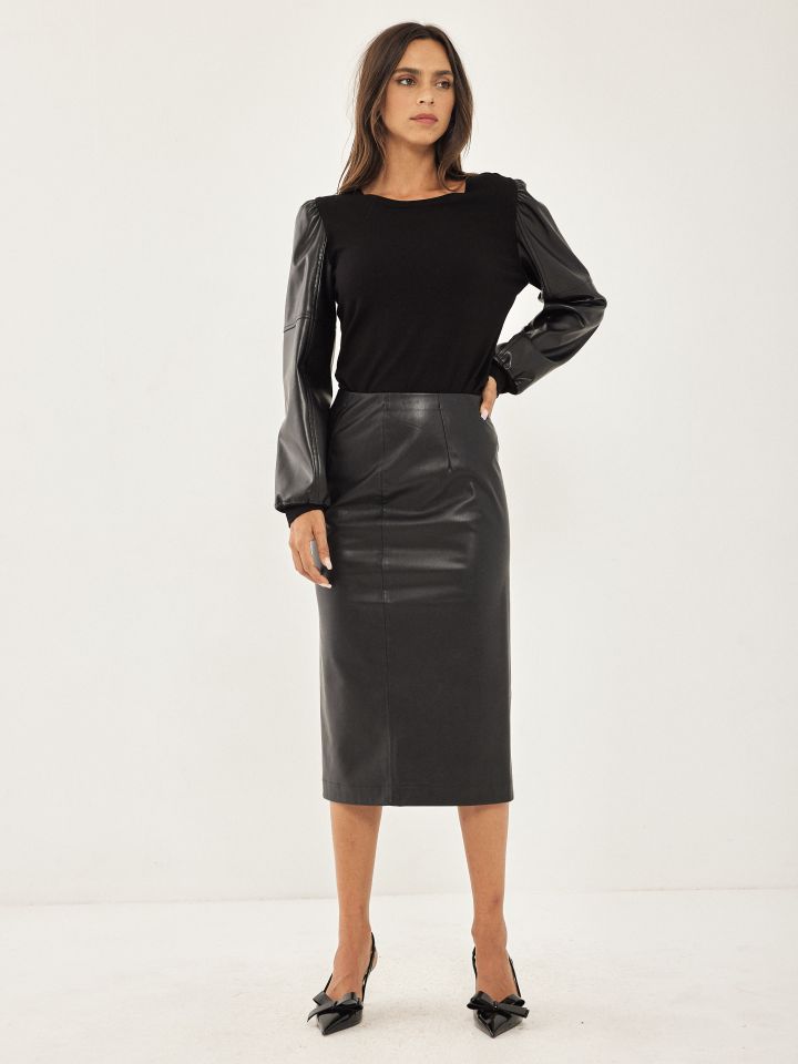 סריג שילוב דמוי עור בצבע שחור