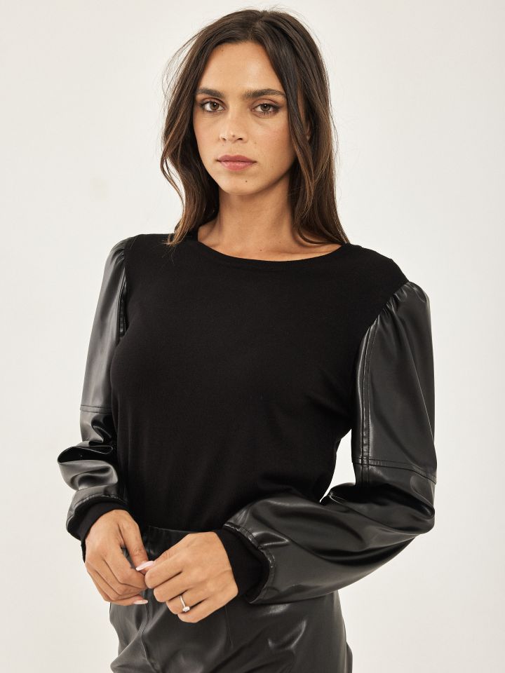 סריג שילוב דמוי עור בצבע שחור