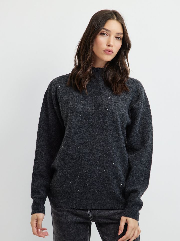 סריג + כובע דמוי יהלומים בצבע אפור מרנגו