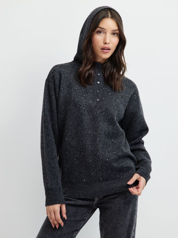 סריג + כובע דמוי יהלומים בצבע אפור מרנגו