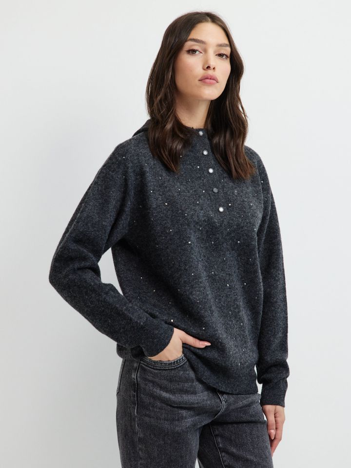 סריג + כובע דמוי יהלומים בצבע אפור מרנגו